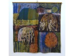 Szuppán Irén : Retro alakok batikolt jelzett festmény 138 x 138 cm