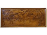 Hatalmas méretű faragott ősmagyar mondai csodaszarvas űzése fafaragás falikép 305 x 262 cm