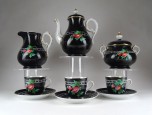 Antik három személyes fekete színű virágdíszes porcelán teáskészlet