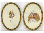 Antik selyemre festett arany keretes barokk kép pár 19.5 x 14 cm