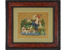 Fiú kutyával régi  tűgobelin 29 x 32 cm