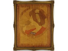 Régi intarziakép női portré Blondel keretben 38.5 x 31.5 cm