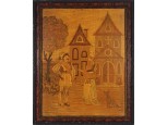Régi templomos kétalakos intarziakép keretben 34.5 x 28 cm