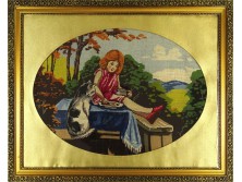 Régi hatalmas gobelin kislány cicával 80 x 100 cm