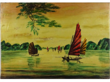 Régi festett vietnámi kép táblakép 25 x 35 cm