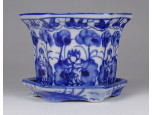 Régi kisméretű kék-fehér kézi festésű porcelán kaspó alátéttel