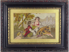 Régi keretezett romantikus goblein kép 31 x 40.5 cm 