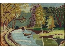 Régi vízparti táj gobelin aranyozott keretben 28.5 x 40 cm