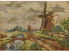Régi keretezett szélmalmos tűgoblein kép 15.5 x 20 cm