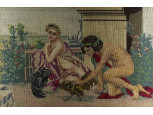 Régi görög női aktok mitológiai jelenet kakasviadal keretezett gobelin 61.5 x 80 cm 