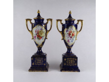 Antik kobaltkék osztrák Victoria porcelán urnaváza pár 27 cm