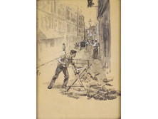Antik kisméretű akvarell városi utcarészlet 23.5 x 17.5 cm