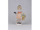 Régi Lippelsdorf GDR porcelán figura - kislány virágkosárral és esernyővel 12.7 cm
