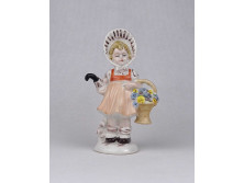 Régi Lippelsdorf GDR porcelán figura - kislány virágkosárral és esernyővel 12.7 cm