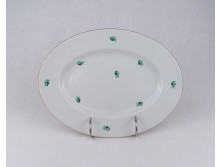 Régi, zöld virágmintás, aranyozott Herendi porcelán ovális kínálótál 25.4 cm