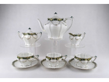 Antik zöld-arany mintás három személyes jelzetlen szecessziós porcelán teáskészlet 9 darab