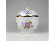 Nagyméretű Hajnalka mintás aranyozott Hollóházi porcelán bonbonier 12.5 x 11.7 cm