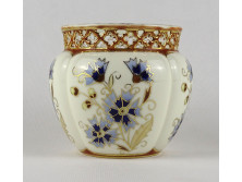 Hibátlan vajszínű áttört búzavirágos Zsolnay porcelán kaspó 