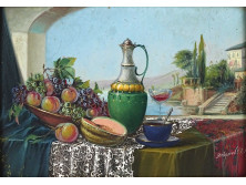Régi jelzett olaj karton festmény : Mediterrán asztali csendélet