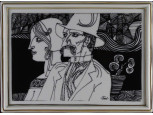 Szász Endre Hollóházi studio porcelán falikép bőr keretben 38  x 33 cm