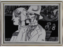 Szász Endre Hollóházi studio porcelán falikép bőr keretben 38  x 33 cm