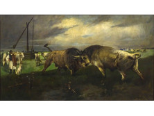 Ismeretlen festő: Bikák harca 140.5 x 80 cm