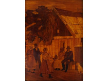 Régi századeleji intarziakép falusi életkép széles fakeretben 26 x 19 cm