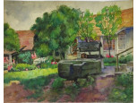 Pálla Jenő (1883-1958) : Napfényes udvar kerekeskúttal