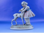 Régi jelzett német porcelán kislány őzikével